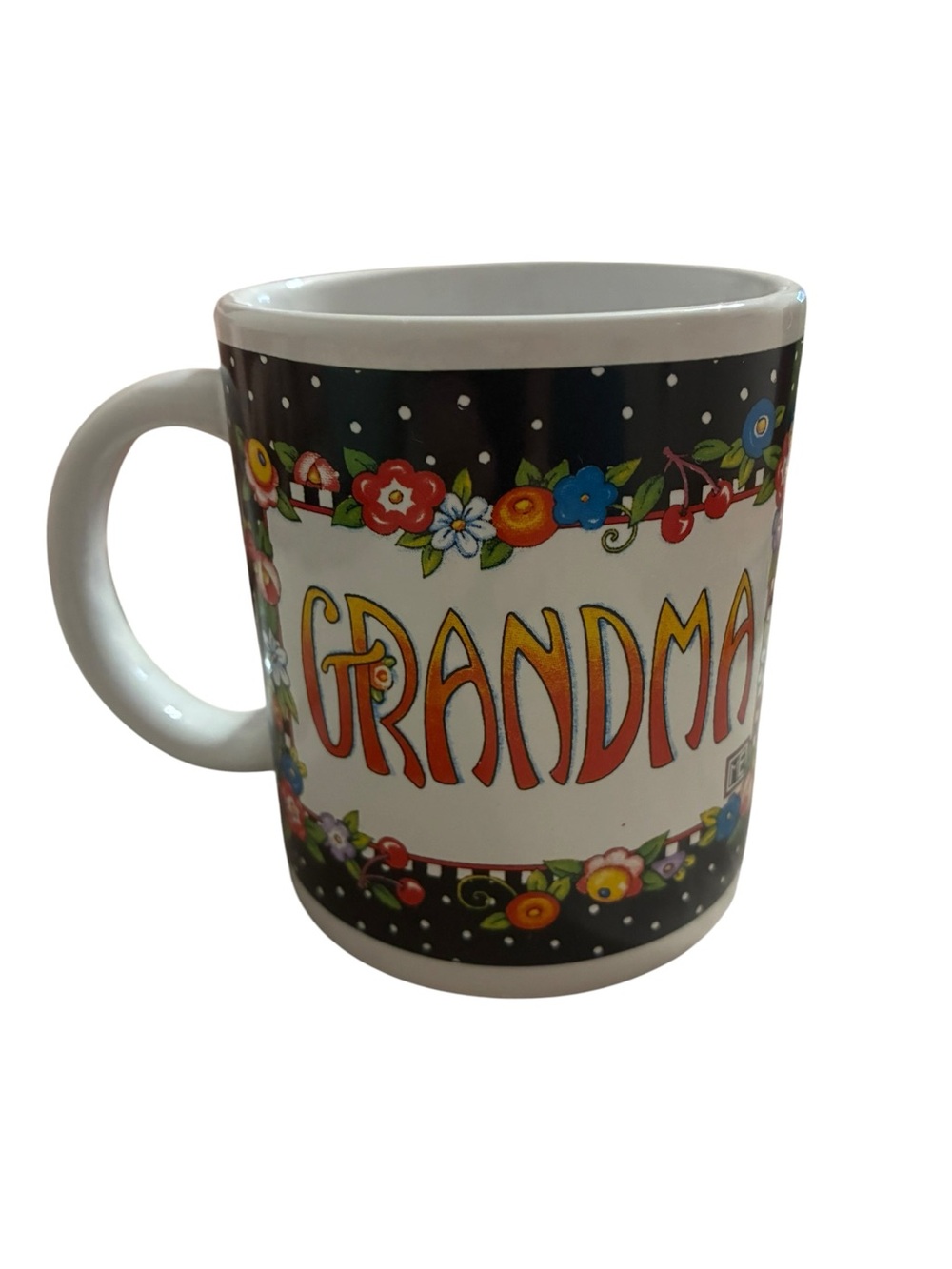Vintage Mary Engelbreit Grandma Mug Coffee Cup Cherries Flowers 2005 Grandmacore